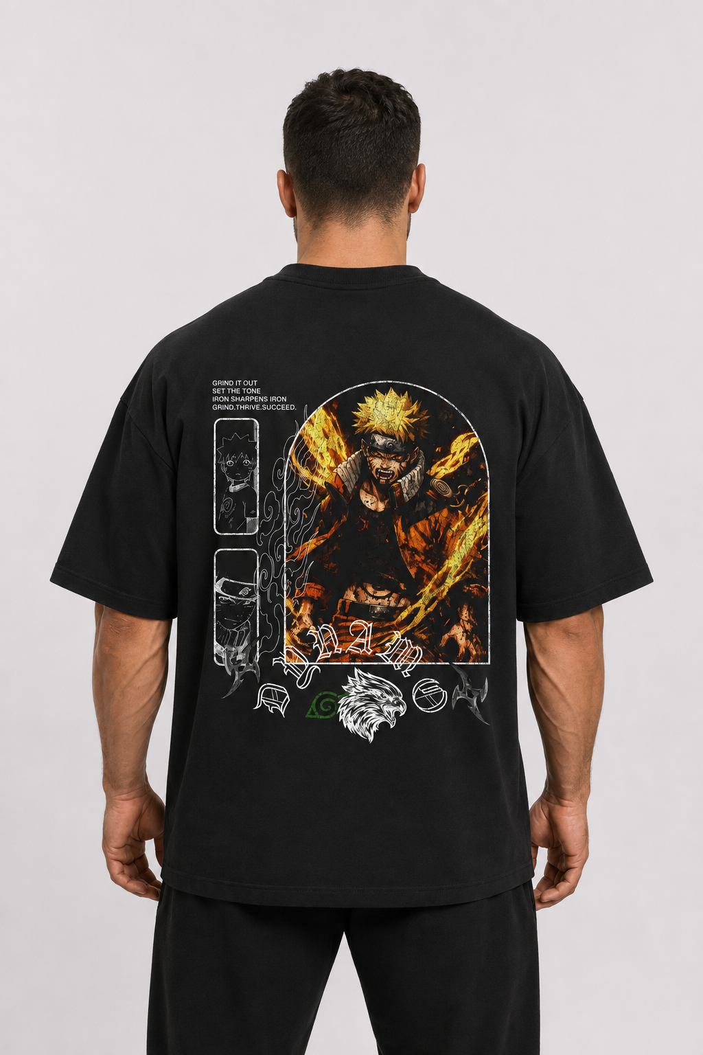 Modelo vestindo Camiseta Oversized Vontade do Fogo - costas